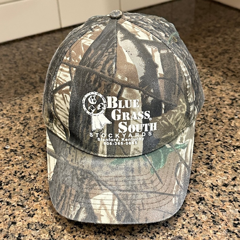 Vtg Blue Grass South Stockyards Camouflage Nissin Cap Adjustable Baseball Hat